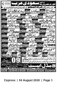 Newspaper clipping: Urgent Recruitment for Saudi Arabia — HVAC (2300) & BMS (2600) and Multiple Trades, Express, 04 Aug 2026