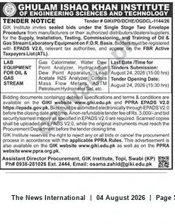 Newspaper clipping: GIKI Tender for Supply, Installation & Commissioning of Oil & Gas Stream Laboratory Equipment, The News International, 04 Aug 2026