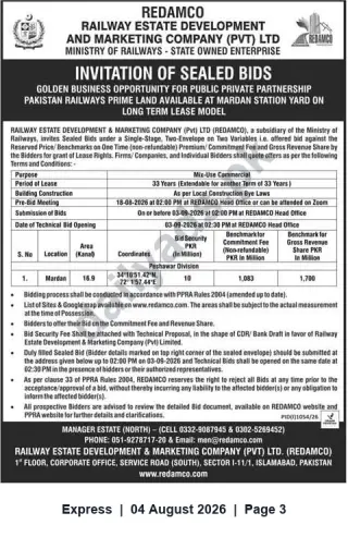 Newspaper clipping: REDAMCO Invitation of Sealed Bids – Long-Term Lease of Mardan Station Yard, Express, 04 Aug 2026