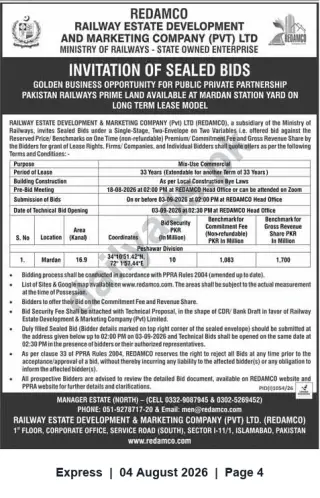 Newspaper clipping: REDAMCO Invitation for Sealed Bids — Long-Term Lease of Mardan Railway Yard (Mix-Use Commercial), Express, 04 Aug 2026