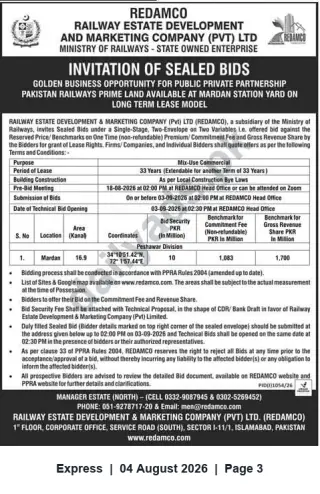 Newspaper clipping: REDAMCO Invitation for Sealed Bids — 33-Year Lease of Mardan Railway Station Yard (16.9 Kanals), Express, 04 Aug 2026