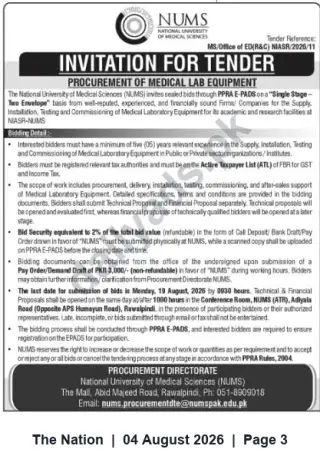 Newspaper clipping: NUMS Tender: Supply, Installation & Commissioning of Medical Laboratory Equipment (Rawalpindi), The Nation, 04 Aug 2026