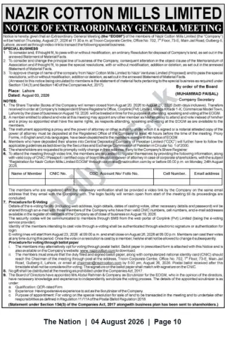 Newspaper clipping: Nazir Cotton Mills Limited — Notice of Extraordinary General Meeting (EOGM), The Nation, 04 Aug 2026