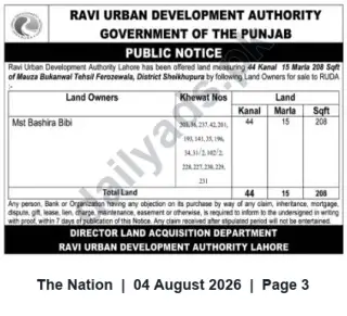 Newspaper clipping: Ravi Urban Development Authority Public Notice: 44 Kanal 15 Marla 208 Sqft Land Offered in Mauza Buzarkhawal, Sheikhupura, The Nation, 04 Aug 2026