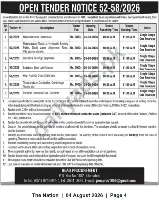 Newspaper clipping: Open Tender Notice 52-58/2026 — Procurement of Chemicals, Lab Equipment & Tools (Islamabad), The Nation, 04 Aug 2026