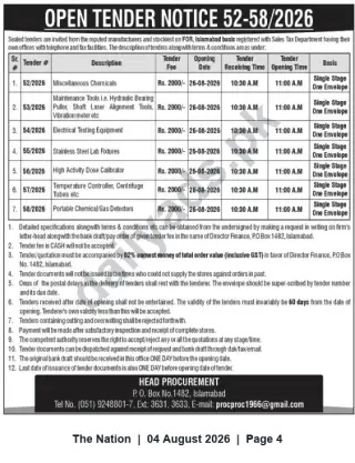 Newspaper clipping: Open Tender Notice 52-58/2026 – Supply of Chemicals, Lab & Testing Equipment (Islamabad), The Nation, 04 Aug 2026