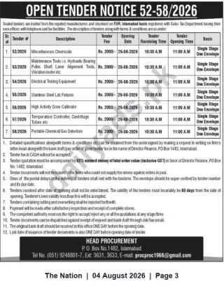 Newspaper clipping: Open Tender Notice 52-58/2026 — Procurement of Chemicals, Lab & Testing Equipment (Islamabad), The Nation, 04 Aug 2026