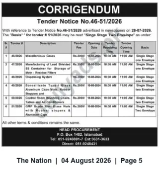 Newspaper clipping: Corrigendum: Tender Notice No.46-51/2026 — Revised Basis for Tender 51/2026, The Nation, 04 Aug 2026