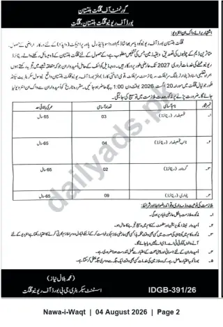 Newspaper clipping: Board of Revenue Gilgit-Baltistan Recruitment Notice — Multiple Support Staff (18 Vacancies), Nawa-i-Waqt, 04 Aug 2026