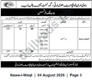 Newspaper clipping: Public Notice — Rawalpindi Development Authority: Listed Plot/Survey Numbers, Nawa-i-Waqt, 04 Aug 2026