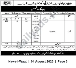 Newspaper clipping: Public Notice — Ravi Urban Development Authority: Listed Plot Numbers, Nawa-i-Waqt, 04 Aug 2026