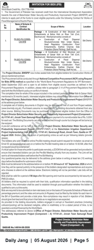 Newspaper clipping: Invitation for Bids – Construction of Weir Structures & Embankments (Balochistan Water Security Project), Jang, 05 Aug 2026