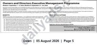 Newspaper clipping: LUMS Owners & Directors Executive Management Programme (ODEMP) — September 2026, Dawn, 05 Aug 2026
