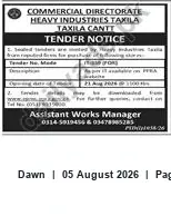 Newspaper clipping: Tender Notice — Commercial Directorate, Heavy Industries Taxila, Dawn, 05 Aug 2026