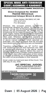 Newspaper clipping: Proclamation Notice — Anti-Terrorism Court Kashmore at Kandhkot (Direct Complaint No. 03/2024), Dawn, 05 Aug 2026