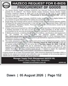 Newspaper clipping: HAZECO Request for E-Bids — Procurement of Goods (E-PADS v2.0), Dawn, 05 Aug 2026