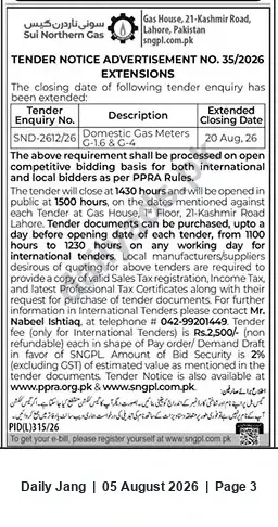Newspaper clipping: SNGPL Tender Extension: Domestic Gas Meters (SND-2612/26) — Closing 2026-08-20, Jang, 05 Aug 2026