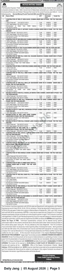 Newspaper clipping: Tender Notice — Water Supply Schemes (BSDI III/II), Public Health Engineering Division Chaman, Jang, 05 Aug 2026