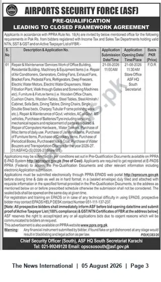 Newspaper clipping: ASF Pre-Qualification Notice for Repair, Maintenance, Services and Supplies — ASF HQ South Secretariat Karachi, The News International, 05 Aug 2026