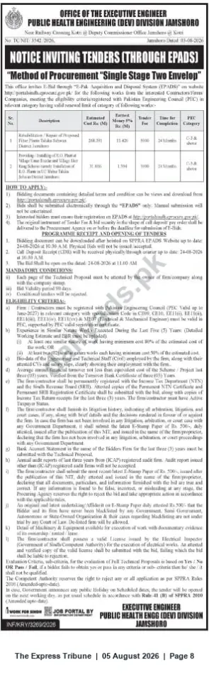 Newspaper clipping: Tender Notice — Public Health Engineering Division Jamshoro (ePADs, Single-Stage Two-Envelope), The Express Tribune, 05 Aug 2026
