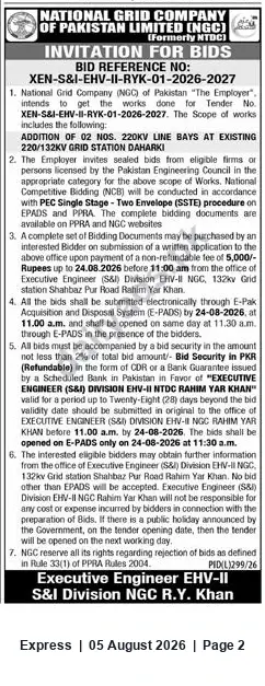 Newspaper clipping: NGCP Invitation for Bids — Addition of 02 x 220kV Line Bays at 220/132kV Grid Station Daharki (Tender XEN-S&I-EHV-II-RYK-01-2026-2027), Express, 05 Aug 2026