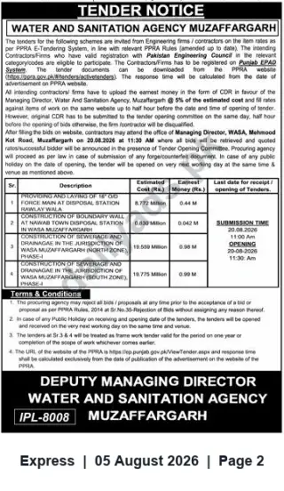 Newspaper clipping: WASA Muzaffargarh Tender Notice – Sewerage, Drainage and Disposal Works, Express, 05 Aug 2026