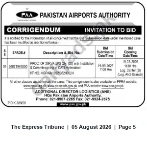 Newspaper clipping: Corrigendum: Tender for Supply & Installation of 30KVA UPS (Qty 5) at CATI Hyderabad — Pakistan Airports Authority, The Express Tribune, 05 Aug 2026