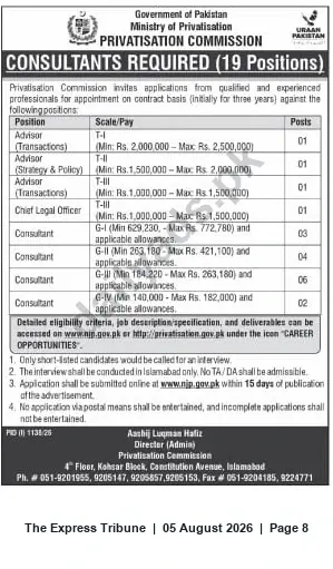 Newspaper clipping: Privatisation Commission — 19 Contract Consultants & Advisors (Islamabad), The Express Tribune, 05 Aug 2026