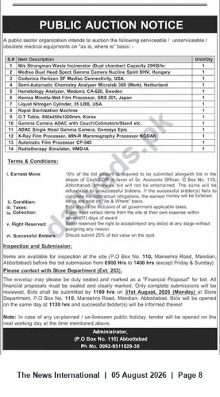 Newspaper clipping: Public Auction: Surplus Medical & Diagnostic Equipment — Abbottabad, The News International, 05 Aug 2026