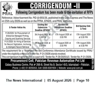 Newspaper clipping: PRAL Corrigendum II — Revised Deadlines for E-Tenders P-29/2026 and P-31/2026, The News International, 05 Aug 2026