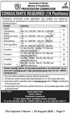 Newspaper clipping: Privatisation Commission Pakistan Hiring 19 Contract Consultants — Advisors, Chief Legal Officer & Consultants, The Express Tribune, 05 Aug 2026