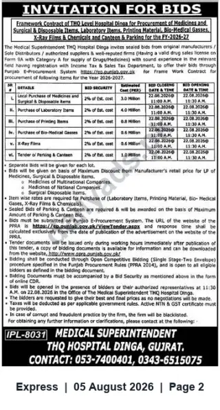 Newspaper clipping: THQ Hospital Dinga — Invitation for Bids for Medicines, Lab Items, X-Ray Films, Gases, Printing, Canteen & Parking (FY 2026-27), Express, 05 Aug 2026
