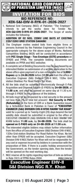 Newspaper clipping: NGCP Tender: Addition of 2 × 220 kV Line Bays at 220/132 kV Station Daharki — Bids Due 2026-08-24, Express, 05 Aug 2026