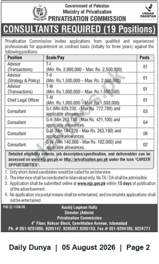 Newspaper clipping: Privatisation Commission (Government of Pakistan) — Consultants Required (19 Positions), Dunya, 05 Aug 2026