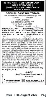 Newspaper clipping: ATC-II Karachi Proclamation: Accused to Appear in Special Case No. 76/2026, Dawn, 06 Aug 2026