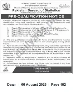Newspaper clipping: Pre-Qualification Notice — Maintenance & Repair Services for Pakistan Bureau of Statistics, Dawn, 06 Aug 2026