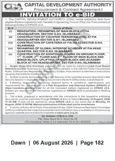 Newspaper clipping: Capital Development Authority Invitation to e-Bid for Renovation and Construction Works at FIA Headquarters, Islamabad, Dawn, 06 Aug 2026