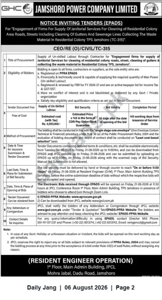 Newspaper clipping: JPCL Tender: Janitorial Services for Residential Colony, TPS Jamshoro (TC-315), Jang, 06 Aug 2026
