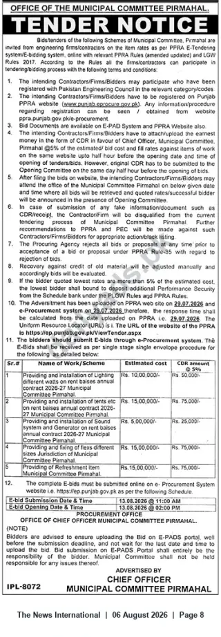 Newspaper clipping: Municipal Committee Pir Mahal — E-Tender Notice for 2026-27 Rentals, Services and Supplies (Bid Deadline 2026-08-13), The News International, 06 Aug 2026