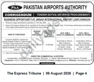 Newspaper clipping: Corrigendum Tender: Concession for Branded Leather & Accessories Outlet at Jinnah International Airport Karachi, The Express Tribune, 06 Aug 2026