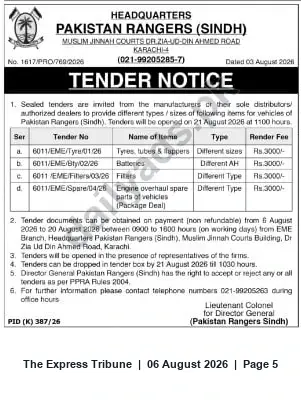 Newspaper clipping: Pakistan Rangers (Sindh) Tender Notice for Vehicle Tyres, Batteries, Filters & Engine Spares — 21 August 2026, The Express Tribune, 06 Aug 2026