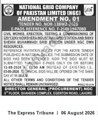 Newspaper clipping: NGC Amendment No.01 — Tender NOR-138W2-2026: Civil Works, Erection, Testing & Commissioning for Nowshera Industrial and Sheikh Muhammadi Grid Stations, The Express Tribune, 06 Aug 2026
