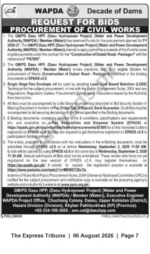 Newspaper clipping: WAPDA Dasu HPP — Request for Bids: Construction of Dubair Road - Package-I (Ref: P67895), The Express Tribune, 06 Aug 2026