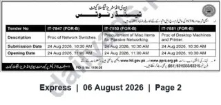 Newspaper clipping: HIT Taxila Tender: Network Switches, Passive Networking Items & Desktop Machines (Submission 24 Aug 2026), Express, 06 Aug 2026