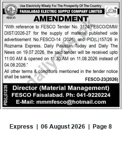 Newspaper clipping: FESCO Tender No. 3124 Amendment — Submission and Opening Rescheduled to 11 Aug 2026, Express, 06 Aug 2026