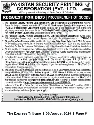 Newspaper clipping: PSPC Request for Bids — Supply of 7 Addressable Fire Alarm System Equipments (P78742), The Express Tribune, 06 Aug 2026
