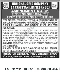 Newspaper clipping: NGC Amendment No.01 — Tender NOR-138W2-2026: Deadline Extended for Civil Works, Erection, Testing & Commissioning, The Express Tribune, 06 Aug 2026