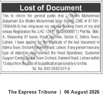 Newspaper clipping: Lost Booking Form — Plot 966-A, Block Jasmine, Sector C, Bahria Town, Lahore (Reg. LHC-12971), The Express Tribune, 06 Aug 2026