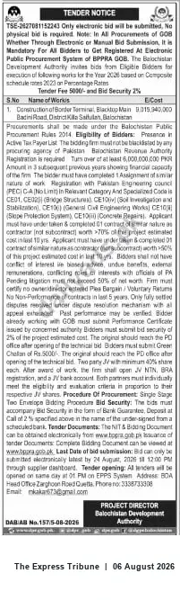 Newspaper clipping: Balochistan Development Authority Tender – Construction Works (Electronic Bids Invited), The Express Tribune, 06 Aug 2026