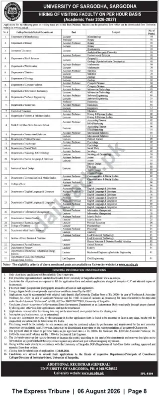 Newspaper clipping: University of Sargodha: Hiring Visiting Faculty (Per-Hour) – Academic Year 2026–2027, The Express Tribune, 06 Aug 2026